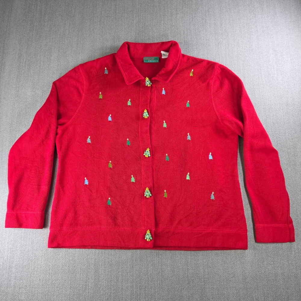 Onque Casuals Christmas Sweater Women Large Red Embroidered Tree Novelty Button